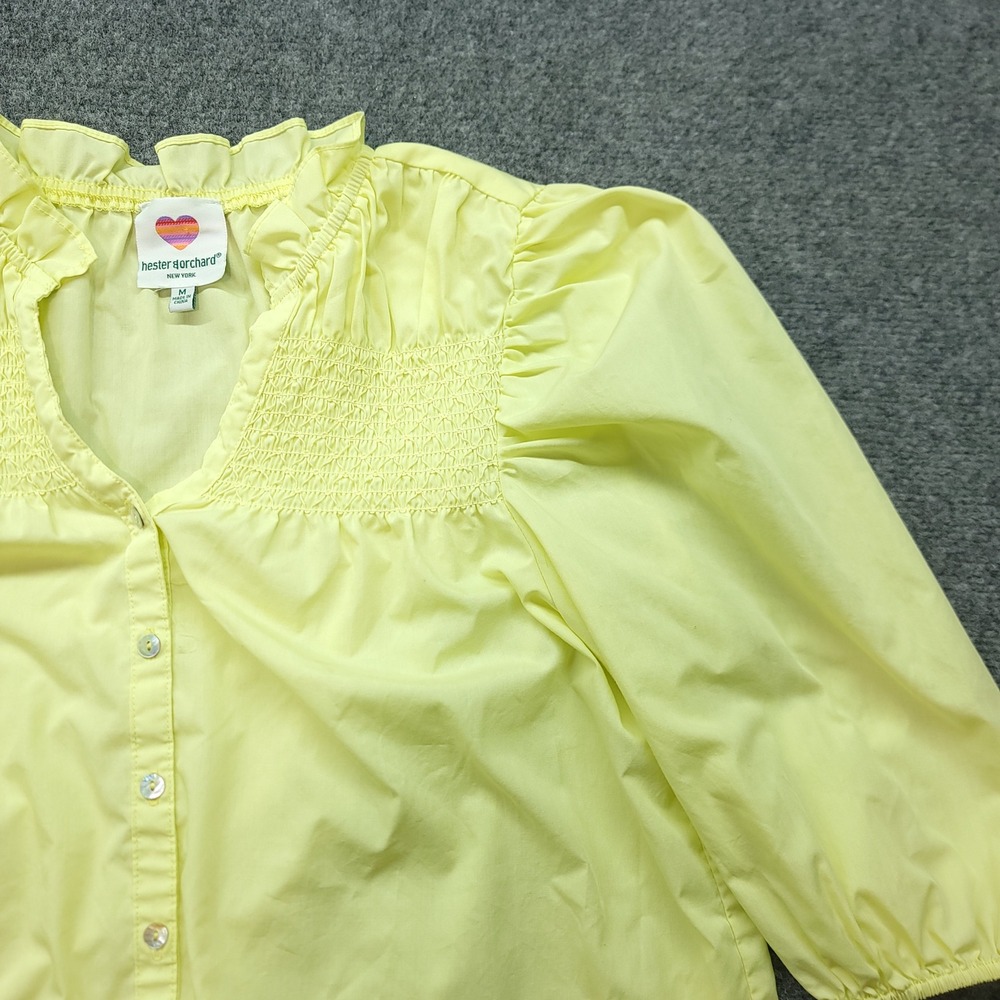 Hester & Orchard Yellow Smocked Ruffle V-Neck Puff Sleeve Blouse Medium - Picture 10 of 16